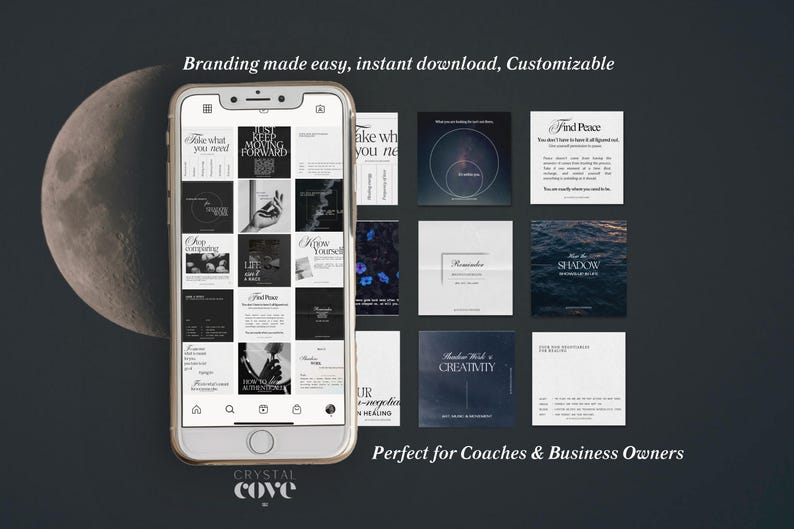 May include: A smartphone displaying a grid of 12 black and white Instagram post templates. The templates feature text overlays with motivational quotes and phrases, such as "Just Keep Moving Forward", "Know Yourself", and "Find Peace".