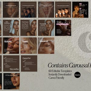 May include: A set of 60 Instagram carousel post templates for promoting skincare products. The templates feature a brown background with text and images of models with different skin types. The text includes phrases like "3 Skin Habits to Kick", "The Power of Retinol", "Chemical Peel vs. Micro-needling", and "Not all moisturizers are created equal". The templates are designed to be used with Canva.