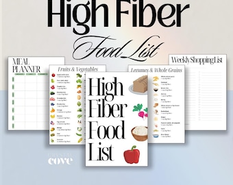 High Fiber Food List | High Fiber Foods Chart | Fiber Poster, Fiber Rich Foods A4 Size PDF Instant Download printable Grocery List Meal Plan