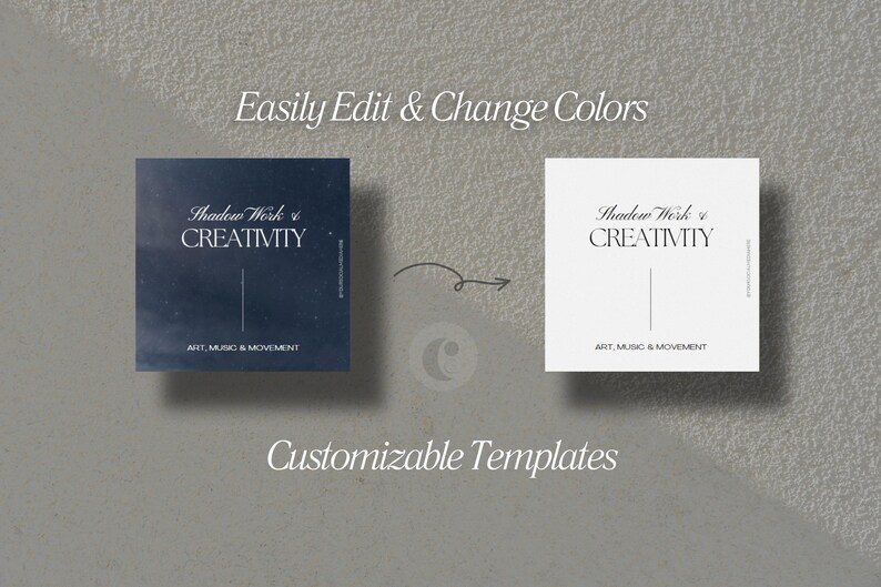 May include: Two customizable templates for a social media post or flyer. The first template has a dark blue background with white text that reads "Shadow Work & Creativity" and "Art, Music & Movement". The second template is white with black text that reads "Shadow Work & Creativity" and "Art, Music & Movement".