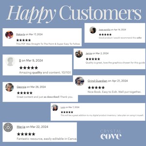 May include: A collage of customer reviews for a digital product. The reviews are positive and highlight the quality and ease of use of the product. The reviews are from various customers and include dates and star ratings.
