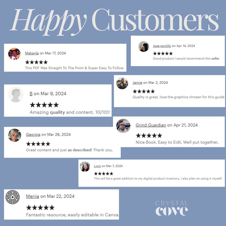 May include: A collage of customer reviews for a digital product. The reviews are positive and highlight the quality and ease of use of the product. The reviews are from various customers and include dates and star ratings.