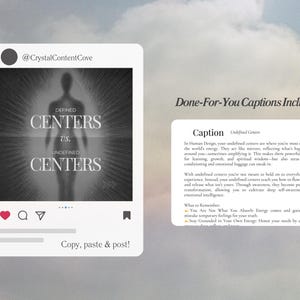May include: A black and white image of a person with the text "Defined Centers vs. Undefined Centers" superimposed on the image. The image is a social media post with a heart, comment, and share icon. The caption reads "In Human Design, your undefined centers are where you're most open to the world's energy. They act like mirrors, reflecting what's happening around you - sometimes amplifying it. This makes them powerful spaces for learning, growth, and spiritual wisdom - like an oasis where conditioning and emotional baggage can melt in."