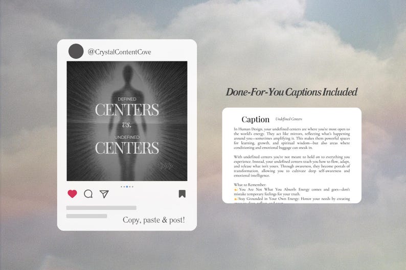 May include: A black and white image of a person with the text "Defined Centers vs. Undefined Centers" superimposed on the image. The image is a social media post with a heart, comment, and share icon. The caption reads "In Human Design, your undefined centers are where you're most open to the world's energy. They act like mirrors, reflecting what's happening around you - sometimes amplifying it. This makes them powerful spaces for learning, growth, and spiritual wisdom - like an oasis where conditioning and emotional baggage can melt in."