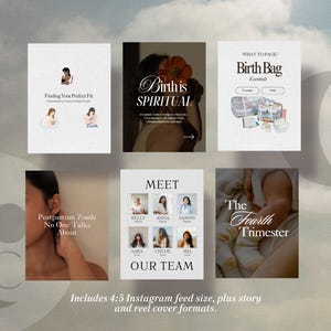 May include: A collection of six Instagram feed graphics with text and illustrations. The graphics cover topics like birth, postpartum, and team introductions. The text includes "Finding Your Perfect Fit," "Birth is Spiritual," and "Birth Bag Essentials."