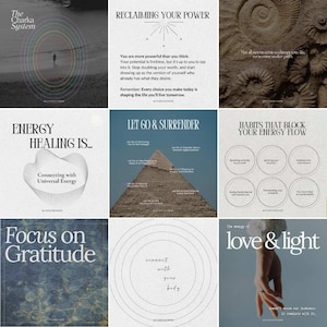 May include: A collection of nine square images with text and graphics. Themes include energy healing, self-empowerment, and gratitude. The images feature text like "Reclaiming Your Power" and "Let Go & Surrender."