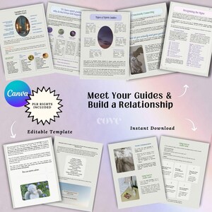 May include: A digital product template titled "Meet Your Guides & Build a Relationship." The design features several pages with text and graphics, including the Canva logo and the phrase "PLR Rights Included." The overall aesthetic is soft and inviting.