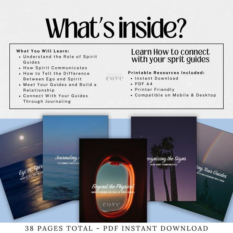 May include: A digital download product with the title "What's Inside?" featuring several book covers with titles like "Ego vs Spirit" and "Beyond the Physical." The product includes printable resources and is compatible with mobile and desktop devices.