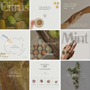 May include: A collage of nine images with text overlays. The images feature various natural elements, including citrus fruits, chamomile tea, eggs, mint leaves, honeycomb, and herbs. The text overlays highlight the benefits and properties of these natural elements, such as the magic of citrus, the medicine of mint, and the cracking the code of eggs.