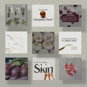 May include: Nine Instagram-style square images with a white background and various images of food and text. The images include a red apple, garlic, spinach, beets, red chili peppers, and a bottle of pills. The text includes "Why Work With a Naturopathic Doctor?", "Understanding the Root Cause", "Foods for Healthy Skin", "Nature's Pain Reliever", and "The Healing Power of Herbs".