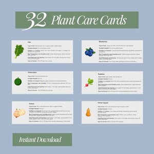May include: A set of 32 plant care cards with illustrations of different vegetables and fruits. Each card includes information about the type of soil, sunlight needed, fertilizer, best temperature and humidity, seed placement and spacing, and days to harvest.