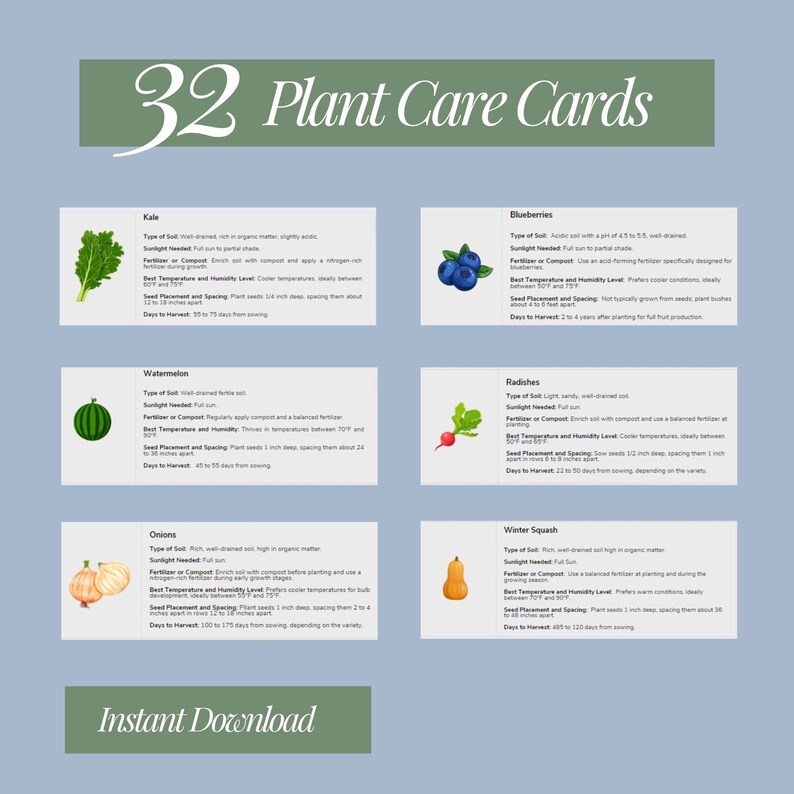 May include: A set of 32 plant care cards with illustrations of different vegetables and fruits. Each card includes information about the type of soil, sunlight needed, fertilizer, best temperature and humidity, seed placement and spacing, and days to harvest.