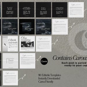 May include: A set of 90 editable Instagram carousel post templates with black and white designs. Each template includes a quote and a caption. The text includes phrases like "Know Yourself", "Speak Your Truth", and "Stop Comparing".