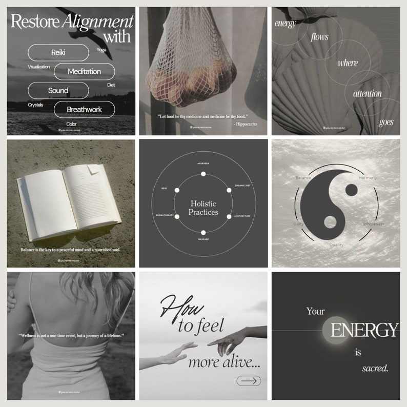 Op de afbeelding: Een collage van afbeeldingen met een holistisch welzijns thema. De afbeeldingen omvatten een netzak met producten, een boek, een yin yang symbool, een uitgestrekte hand en een citaat over heilige energie.