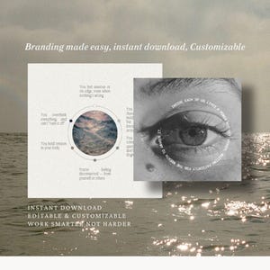 Puede incluir: Una composici&oacute;n art&iacute;stica con un sereno paisaje marino y superposiciones de texto. Una superposici&oacute;n muestra un ojo con texto circular, otra presenta un diagrama con texto. Las palabras "Branding made easy, instant download, Customizable" est&aacute;n en la parte superior y "INSTANT DOWNLOAD EDITABLE & CUSTOMIZABLE WORK SMARTER NOT HARDER" en la inferior.
