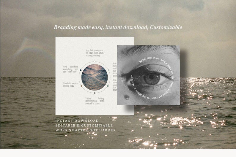 Puede incluir: Una composici&oacute;n art&iacute;stica con un sereno paisaje marino y superposiciones de texto. Una superposici&oacute;n muestra un ojo con texto circular, otra presenta un diagrama con texto. Las palabras "Branding made easy, instant download, Customizable" est&aacute;n en la parte superior y "INSTANT DOWNLOAD EDITABLE & CUSTOMIZABLE WORK SMARTER NOT HARDER" en la inferior.