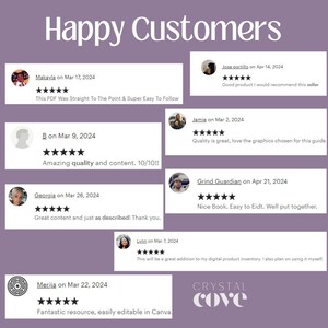 May include: A purple background with the words "Happy Customers" in a decorative font. The image features customer reviews with star ratings and comments. The Crystal Cove logo is at the bottom.