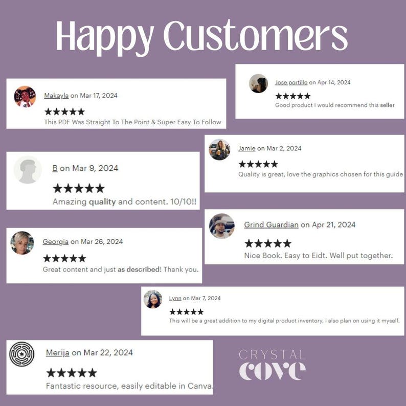 May include: A purple background with the words "Happy Customers" in a decorative font. The image features customer reviews with star ratings and comments. The Crystal Cove logo is at the bottom.