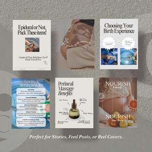 May include: A collection of six book covers with text and images related to pregnancy and childbirth. Titles include "Epidural or Not, Pack These Items!", "Be gentle with yourself", and "Nourish Your Baby". The text "Perfect for Stories, Feed Posts, or Reel Covers" is at the bottom.