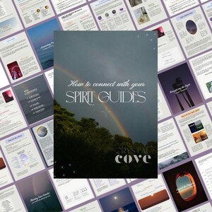 May include: A book cover with the title "How to connect with your SPIRIT GUIDES" in a decorative font, set against a backdrop of a rainbow over a forest. The text "CRYSTAL COVE" is at the bottom. The image is surrounded by pages with text and images.