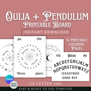 May include: Printable Ouija and pendulum board set with 19 coloring pages. The Ouija board features the alphabet, numbers 1-9, and the words "Good Bye". The pendulum board features a circle with the alphabet, numbers 1-9, and the words "Yes", "No", and "Maybe".