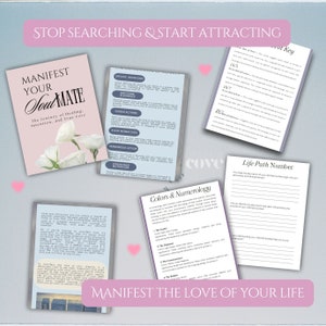 May include: A collage of images with the text "Stop Searching & Start Attracting" and "Manifest Your Soulmate" in pink and white. The images include a white rose, a pink heart, and a page with the text "Colors & Numerology" and "Life Path Number".