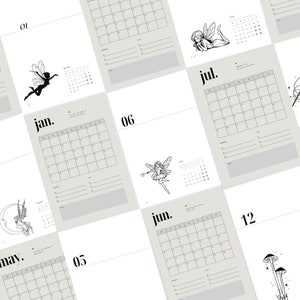 K&ouml;nnte beinhalten: Ein druckbarer Kalender mit einer Feenillustration f&uuml;r jeden Monat. Der Kalender ist im minimalistischen Stil mit Schwarz-Wei&szlig;-Illustrationen und grauem Hintergrund gestaltet.