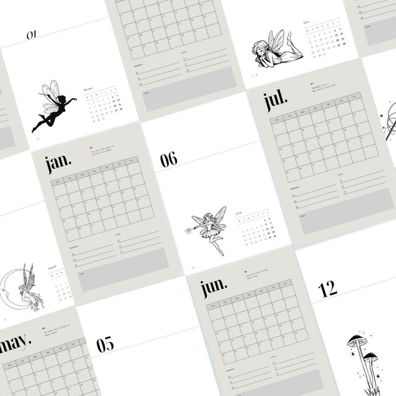 K&ouml;nnte beinhalten: Ein druckbarer Kalender mit einer Feenillustration f&uuml;r jeden Monat. Der Kalender ist im minimalistischen Stil mit Schwarz-Wei&szlig;-Illustrationen und grauem Hintergrund gestaltet.