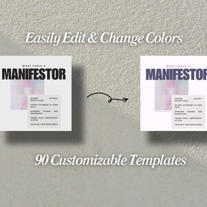 May include: Two versions of a digital template for a "What Fuels a Manifestor" infographic. The template features a light pink and blue background with text in black. The text includes "What Fuels a Manifestor" and a list of characteristics. The text "Easily Edit & Change Colors" appears above the templates. The text "90 Customizable Templates" appears below the templates.