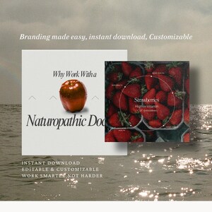 May include: A digital download for a branding template featuring a red apple and the text "Why Work With a Naturopathic Doctor". The template also includes a photo of strawberries with the text "Strawberries High in Vitamins C & Antioxidants".