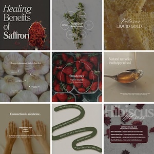 May include: A collage of images promoting natural remedies and healthy foods. The images include saffron, garlic, strawberries, honey, and hibiscus. The text on the images includes "Healing Benefits of Saffron", "Nature's Liquid Gold", "Strawberries High in Vitamin C & Antioxidants", and "Hibiscus Vibrant, Healing and Packed with Goodness".