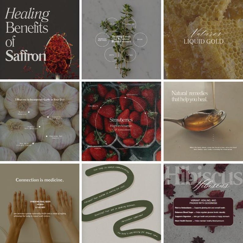 May include: A collage of images promoting natural remedies and healthy foods. The images include saffron, garlic, strawberries, honey, and hibiscus. The text on the images includes "Healing Benefits of Saffron", "Nature's Liquid Gold", "Strawberries High in Vitamin C & Antioxidants", and "Hibiscus Vibrant, Healing and Packed with Goodness".