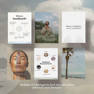 Puede incluir: Un conjunto de seis imágenes con texto sobre la respiración y la meditación. Las imágenes incluyen diagramas, una persona meditando y texto que dice "¿Qué es el breathwork?" y "Respiración vs. Meditación: ¿CUÁL ES LA DIFERENCIA?" El texto también incluye "Incluye tamaño de feed de Instagram 4:5, más formatos de historia y carrete."