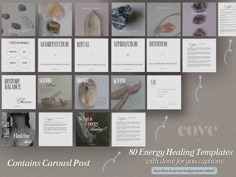 May include: A set of 80 energy healing templates with captions for social media. The templates feature crystals, sound bowls, smoke, water, and air. The text on the templates includes "Manifestation", "Ritual", "Affirmation", "Intention", "Restore Balance", "Sound", "Smoke", "Water", "Air", "Heal the mind", "Heal the body", and "What is Energy Healing?"