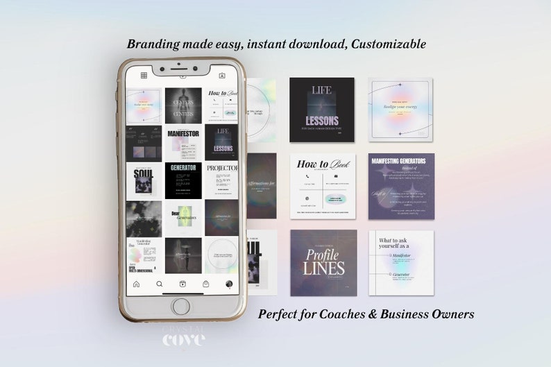 May include: A collection of social media graphics for coaches and business owners. The graphics feature a variety of designs, including text overlays, abstract shapes, and color gradients. The graphics are designed to be used on Instagram and other social media platforms.