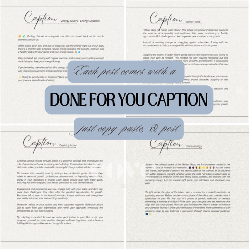 May include: A collage of four images with text overlays. Each image features a caption with a different theme: Energy Givers, Water Flows, Desire Action, and Moon Energy. The text in each image provides inspirational quotes and advice related to the theme.
