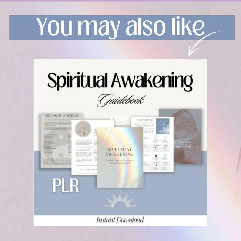May include: A collection of digital guides titled "Spiritual Awakening Guidebook." The cover features iridescent text and a rainbow design. Additional pages include text and graphics. The phrase "Instant Download" is at the bottom.