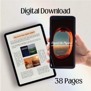 May include: A digital download product is displayed on a tablet and a smartphone. The tablet shows a document titled "Why Do We Have Spirit Guides?" The smartphone displays "Beyond the Physical" with the Cove logo. The text "38 Pages" is also visible.