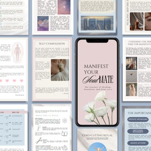 May include: A collage of images in a pink and white colour scheme, featuring text about self-compassion, manifesting your soulmate, and healing before love. The text includes quotes from Rumi and Rhonda Byrne. The images include a white flower, a burning candle, and a phone screen with the text "Manifest Your Soulmate".