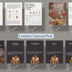 May include: A carousel post with informative graphics about newborn care, breastfeeding, and prenatal nutrition. The images include text such as "Is Your Newborn Really Getting Enough?" and "Prenatal Must-Haves," along with illustrations of food and supplements.