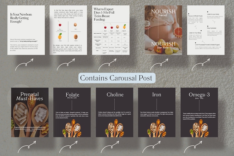 May include: A carousel post with informative graphics about newborn care, breastfeeding, and prenatal nutrition. The images include text such as "Is Your Newborn Really Getting Enough?" and "Prenatal Must-Haves," along with illustrations of food and supplements.