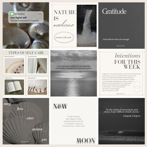 Op de afbeelding: Een collage van afbeeldingen met tekst over zelfzorg, natuur, dankbaarheid en intenties. De afbeeldingen omvatten schelpen, een waterval, een waterlichaam en een golf. De tekst bevat zinnen als "Natuur is geneeskunde", "Ga mee met de stromingen van het leven", "Dankbaarheid maakt wat we hebben genoeg", en "Intenties voor deze week".