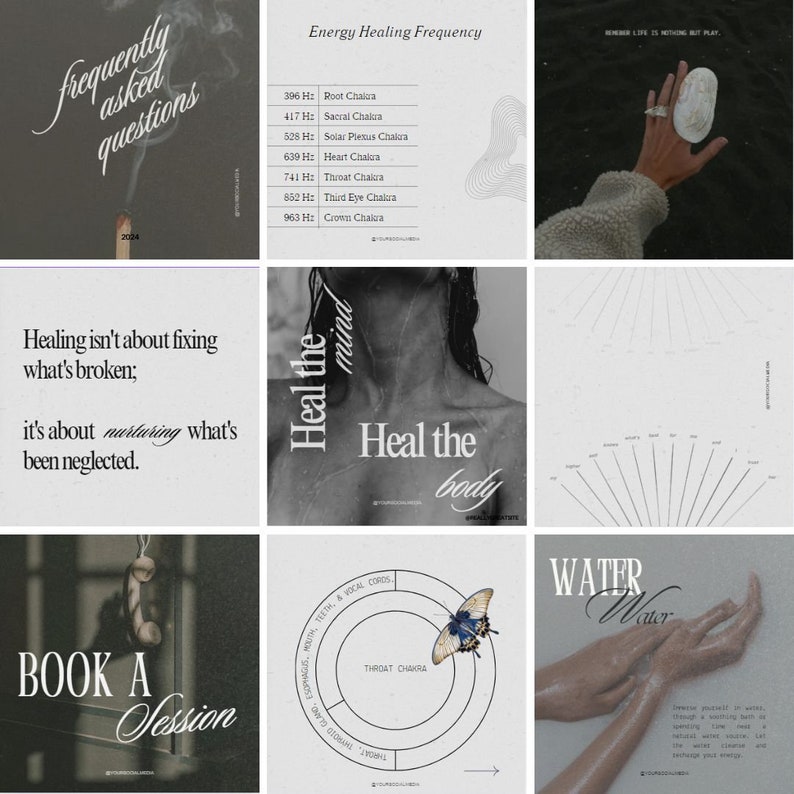 May include: A collage of images with text about healing frequencies, chakras, and the mind-body connection. The images include a hand holding a seashell, a person's neck, a butterfly, and a diagram of the throat chakra.