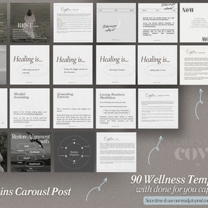 Op de afbeelding: Een collage van 90 wellness-sjablonen met kant-en-klare bijschriften. De sjablonen zijn ontworpen voor sociale media en behandelen een verscheidenheid aan onderwerpen, waaronder mindfulness, journalen bijhouden, aardingsoefeningen en meditatie van liefdevolle vriendelijkheid. De tekst "90 wellness-sjablonen met kant-en-klare bijschriften" wordt weergegeven in een witte doos met een zwarte omtrek. De tekst "Bespaar tijd en gebruik onze kant-en-klare inhoud!" wordt weergegeven in een kleinere witte doos met een zwarte omtrek.