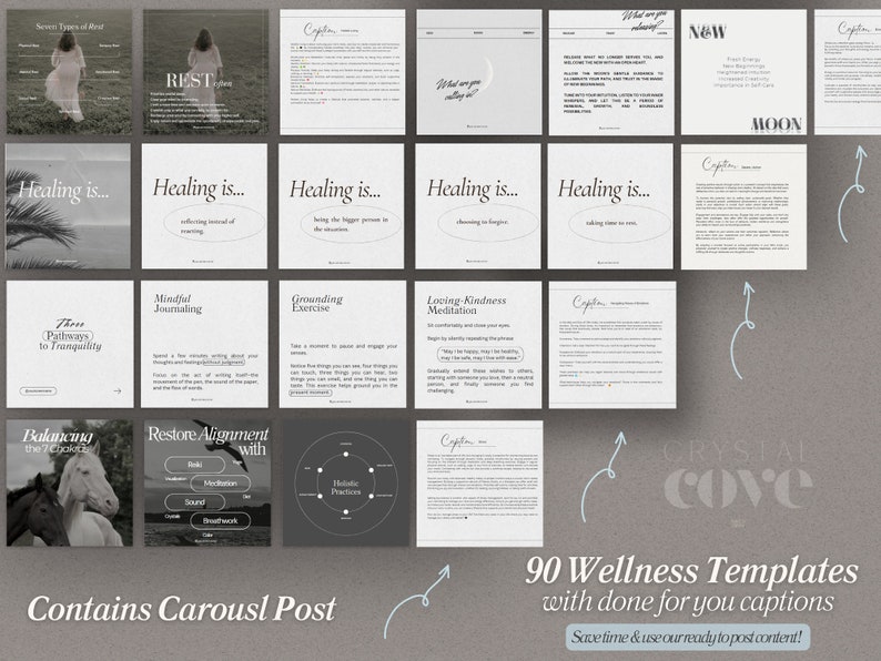 Op de afbeelding: Een collage van 90 wellness-sjablonen met kant-en-klare bijschriften. De sjablonen zijn ontworpen voor sociale media en behandelen een verscheidenheid aan onderwerpen, waaronder mindfulness, journalen bijhouden, aardingsoefeningen en meditatie van liefdevolle vriendelijkheid. De tekst "90 wellness-sjablonen met kant-en-klare bijschriften" wordt weergegeven in een witte doos met een zwarte omtrek. De tekst "Bespaar tijd en gebruik onze kant-en-klare inhoud!" wordt weergegeven in een kleinere witte doos met een zwarte omtrek.