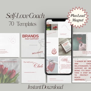 Puede incluir: La pantalla de un teléfono que muestra una colección de publicaciones en redes sociales con un esquema de color rosa y rojo. Las publicaciones presentan texto sobre el amor propio, la inclusión y las marcas que apoyan el amor propio. El teléfono está sobre una superficie blanca con un gráfico de estrella rosa que dice "Plus Lead Magnet".