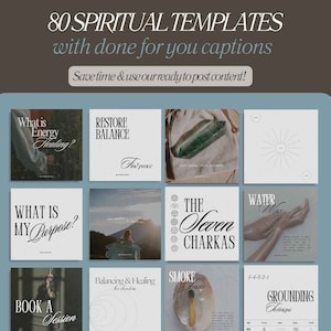 May include: A collection of 80 spiritual social media templates with captions. The templates feature images of crystals, smoke, hands, and text. The text includes phrases like "What is Energy Healing?" and "The Seven Chakras".
