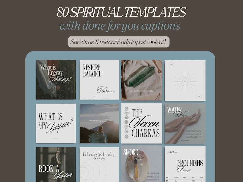 May include: A collection of 80 spiritual social media templates with captions. The templates feature images of crystals, smoke, hands, and text. The text includes phrases like "What is Energy Healing?" and "The Seven Chakras".