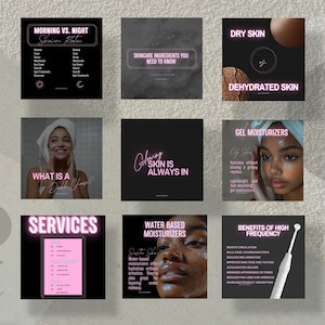 May include: Nine Instagram story graphics with pink neon text on a black background. The graphics cover skincare topics such as morning vs. night routine, skincare ingredients, dry skin, dehydrated skin, gel moisturizers, what is a good skin care routine, glowing skin is always in, services, water based moisturizers, and benefits of high frequency.