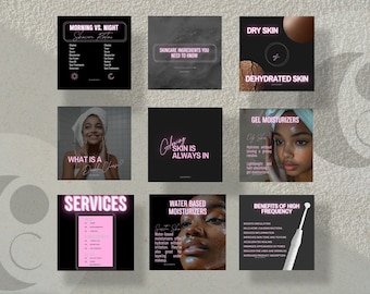Modelli Instagram per la cura della pelle alla melanina di lusso / Post dell'estetista Modello Canva modificabile estetico scuro Marketing per il viso con acne Dermatologo
